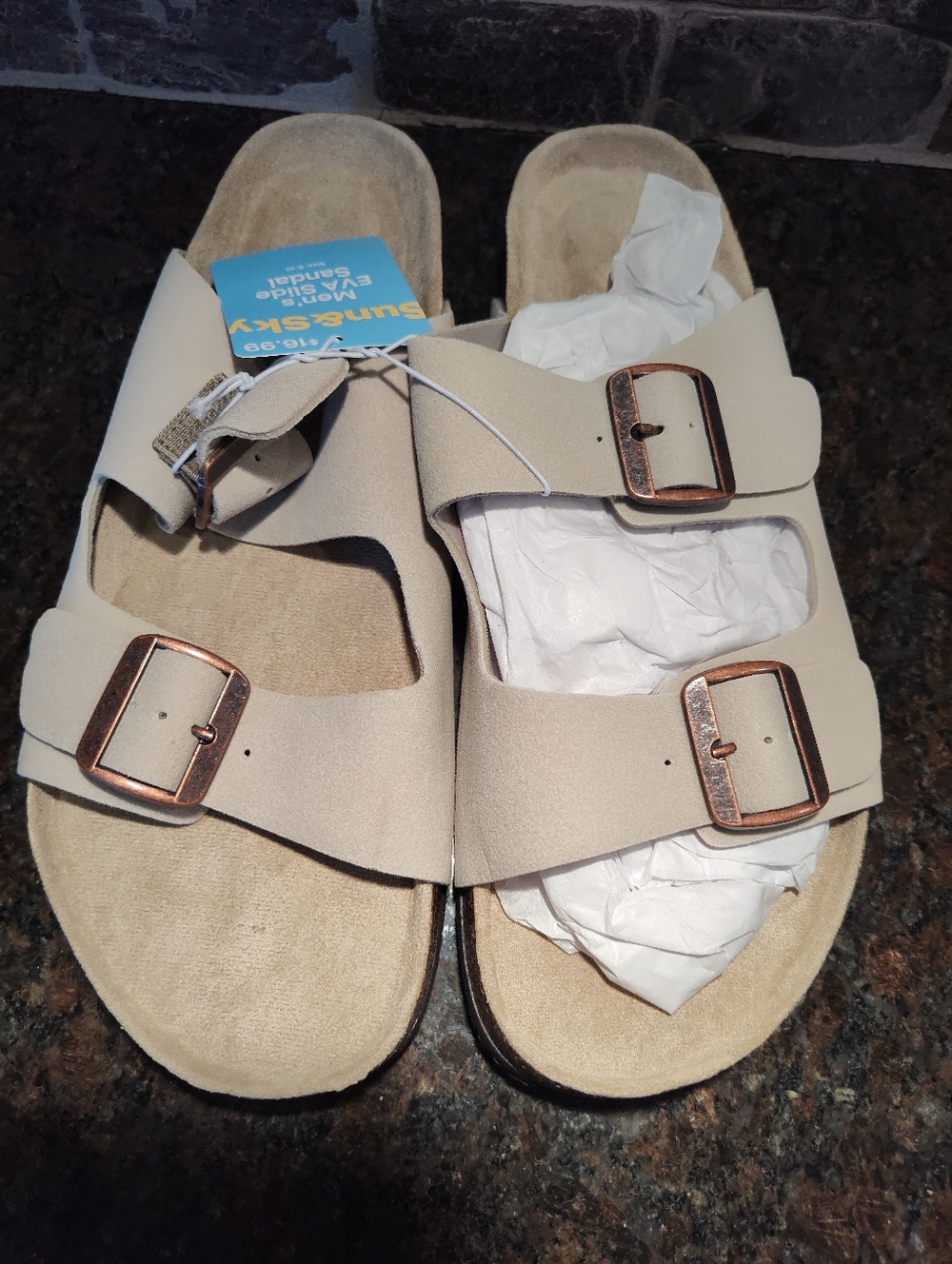 Men's Beige Double-Buckle Slide Sandals, Size 9-10